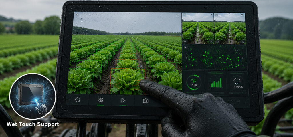 SINTRONES VPC-101RB2S rugged AI panel PC displaying real-time crop detection and multi-camera AI vision in rainy smart agriculture environments.