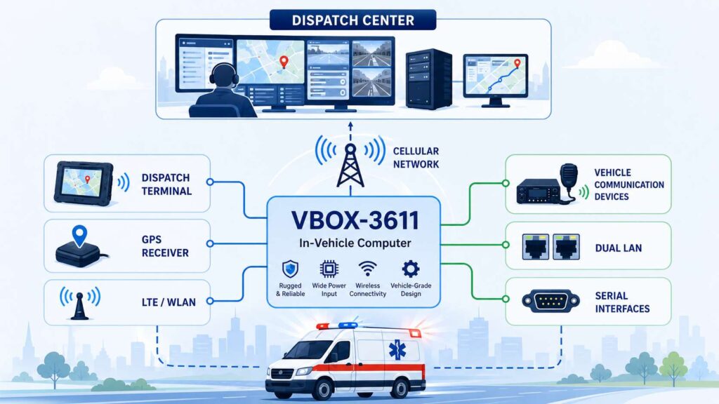 System architecture of the VBOX-3611 in-vehicle computer connecting dispatch center, GPS, LTE, and vehicle communication devices